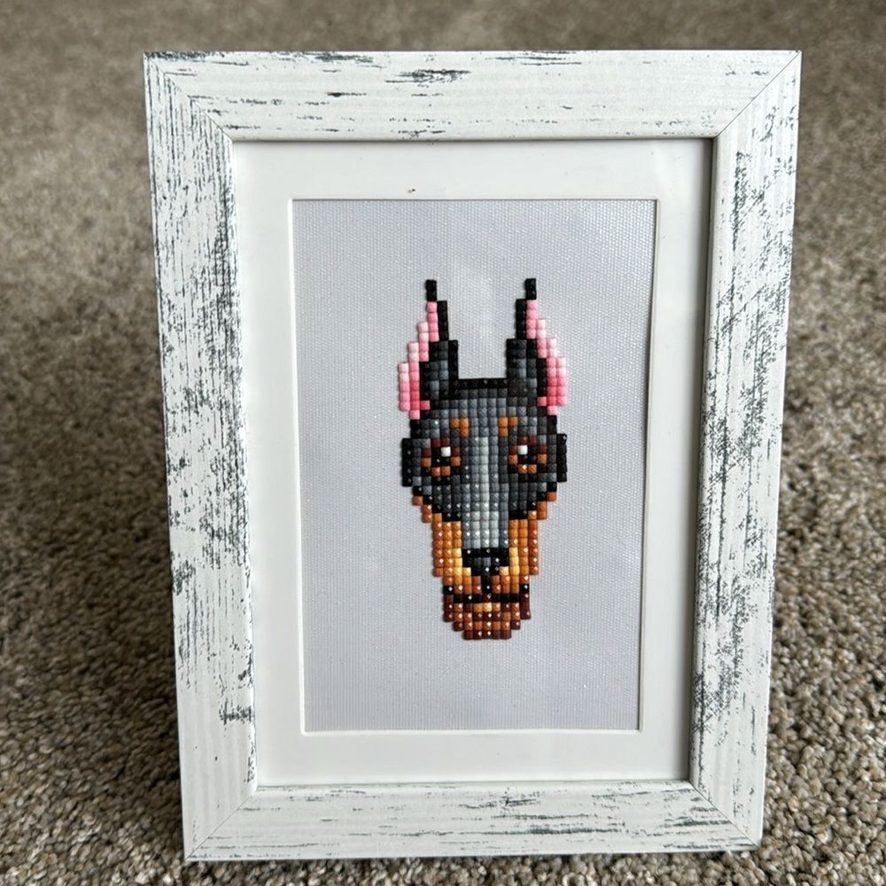 Handmade rhinestone embroidery Doberman breed framed art matted size 4 x 6